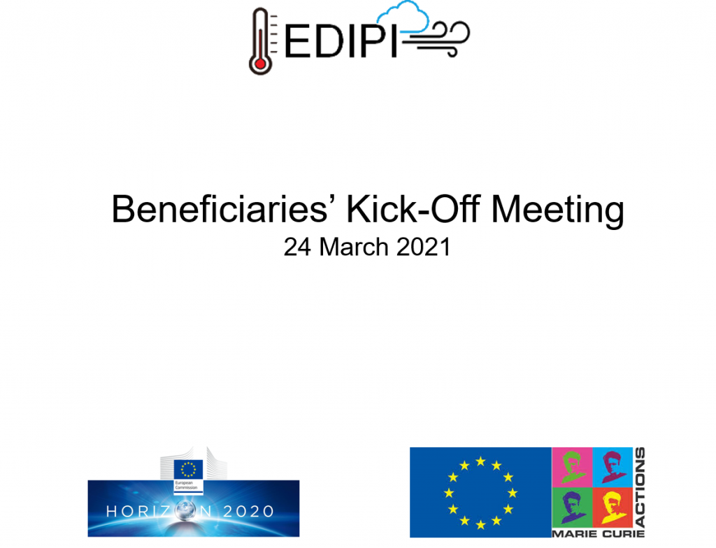 Beneficiaries' Kick-Off Meeting introductory slide - EDIPI logo, Horizon 2020 logo and Marie Curie Actions logo